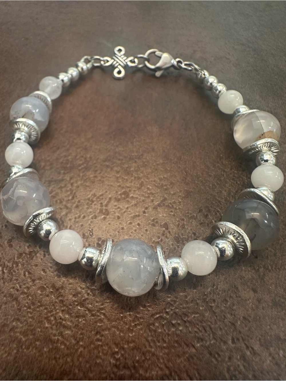 Handcrafted Gray Agate and Silver Bead Bracelet - Women's Jewelry